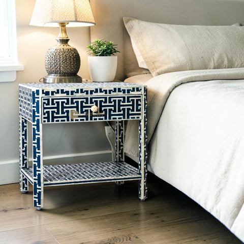 Tetris Bone Inlay 1 Drawer 1 Shelf Bedside Indigo | Inlay Bedside Table