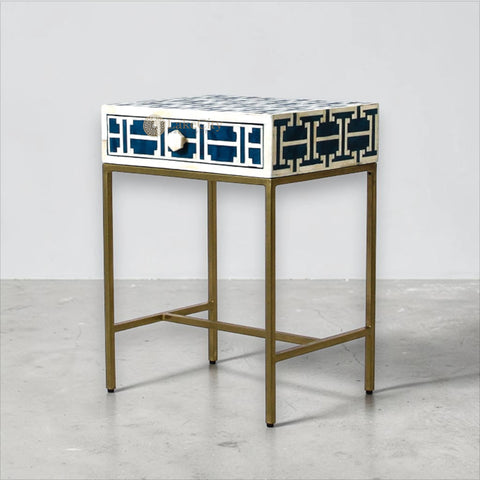 Tetris Bone Inlay 1 Drawer Nightstand Indigo | Bone Inlay Nightstands