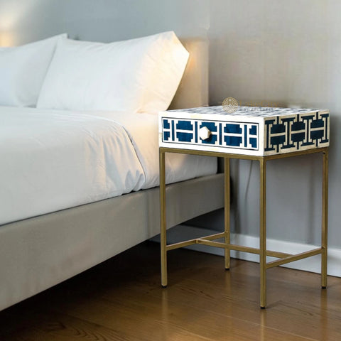 Tetris Bone Inlay 1 Drawer Nightstand Indigo | Bone Inlay Nightstands