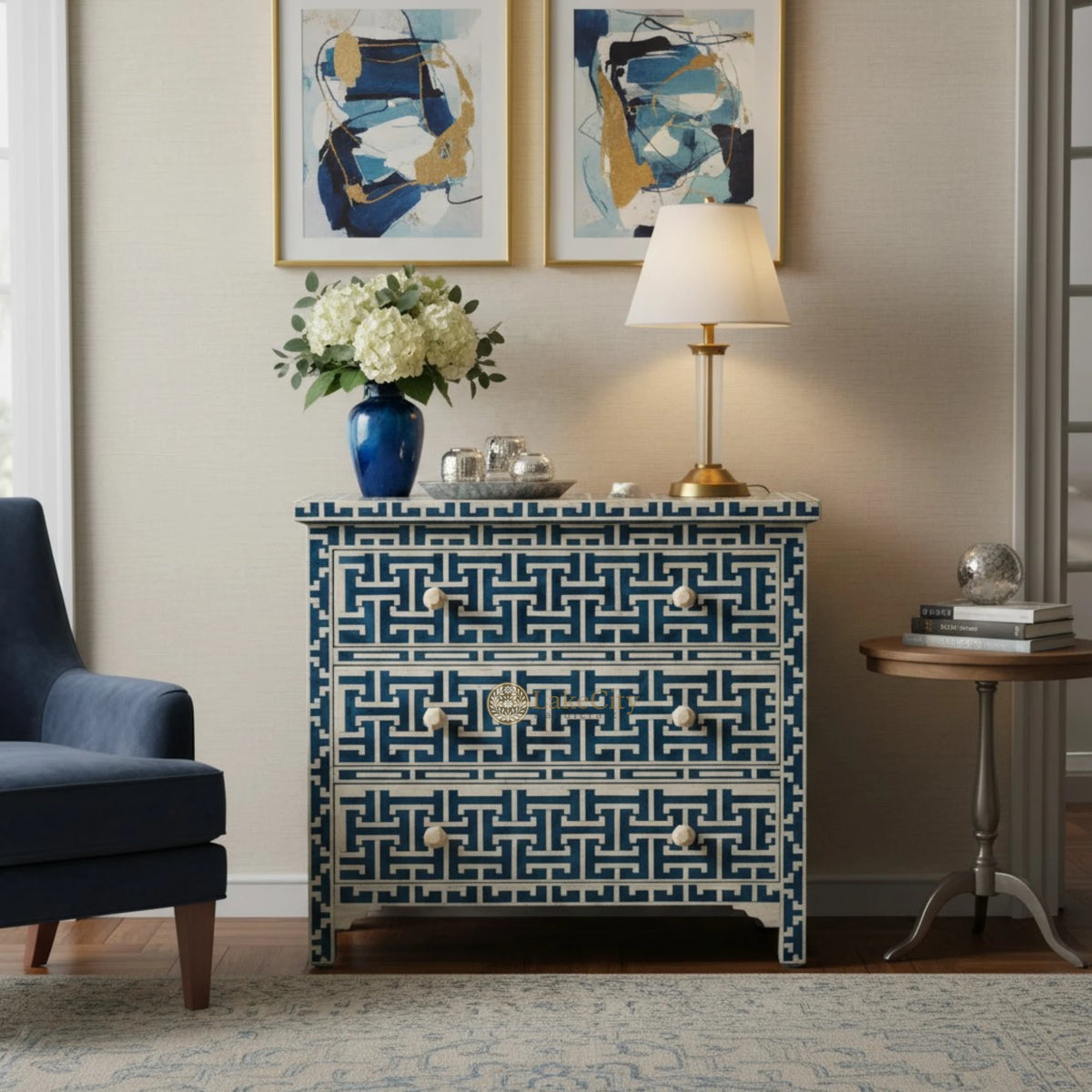 Tetris Bone Inlay 3 Drawer Dresser Indigo