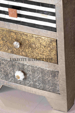 Three Drawer Small Bedside Chest of Metal Brass Bone