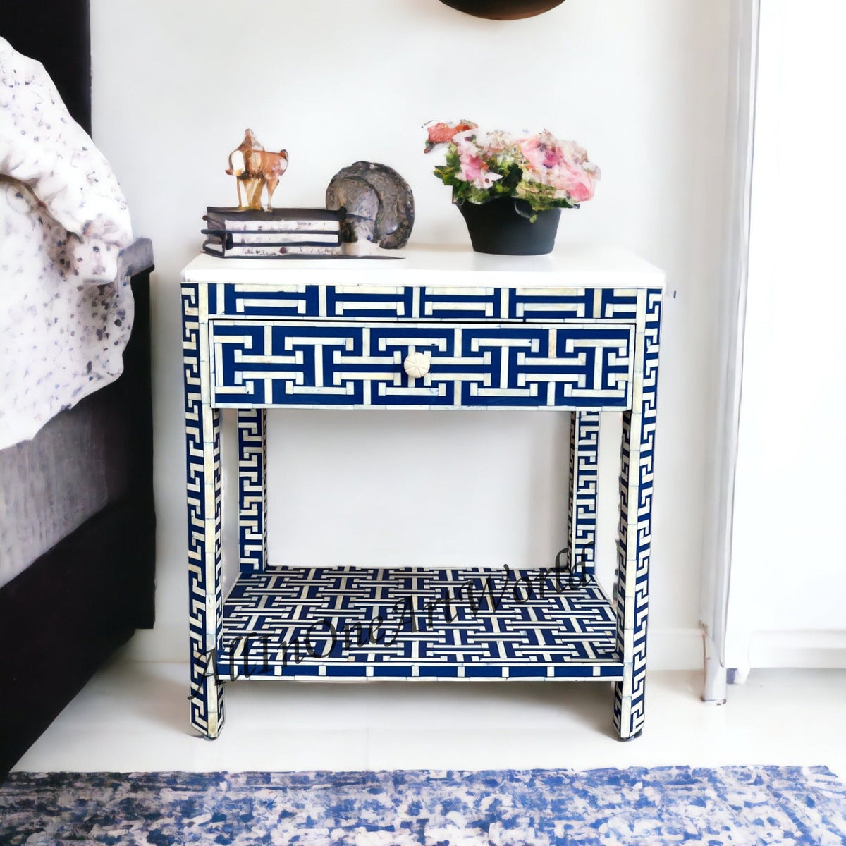 Tetris Bone Inlay 1 Drawer 1 Shelf Bedside Indigo 1