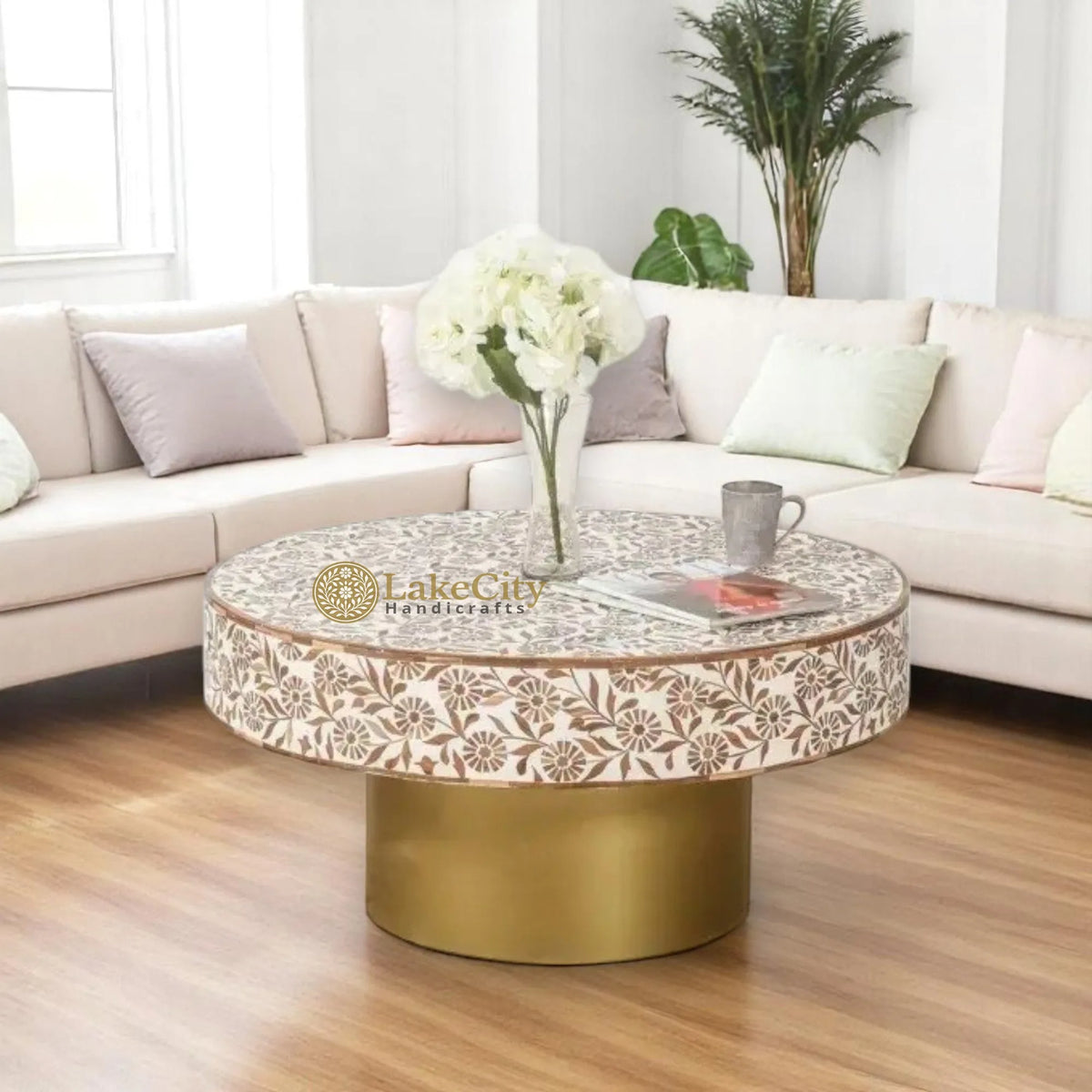 Timber Inlay Round Coffee Table Flannel Flower