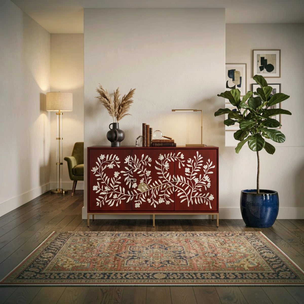 Torie Mother of Pearl Inlay Credenza Burgundy