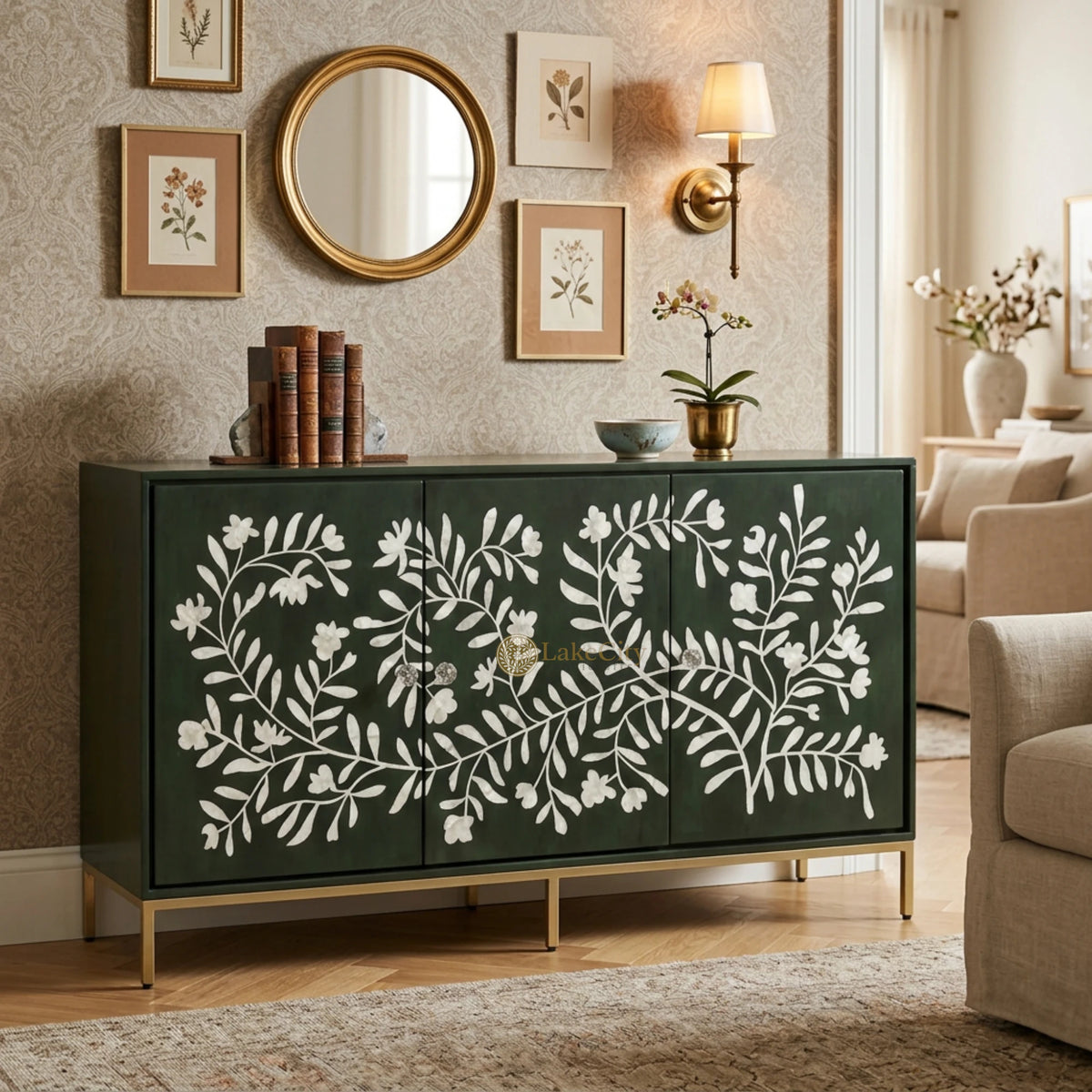 Torie Mother of Pearl Inlay Credenza Green