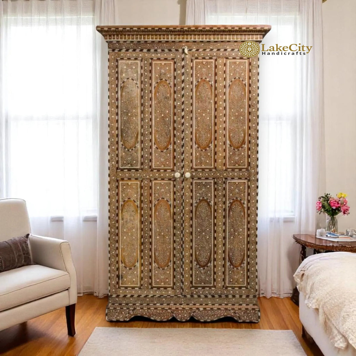 Unique Handcrafted Bone Inlay Teak Wood Almirah