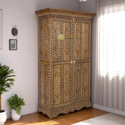 Unique Handcrafted Bone Inlay Teak Wood Almirah