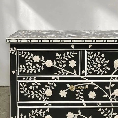 Vine Bone Inlay 5 Drawer Dresser Black