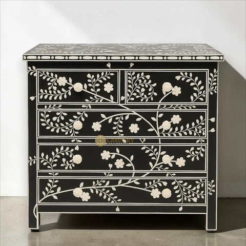 Vine Bone Inlay 5 Drawer Dresser Black