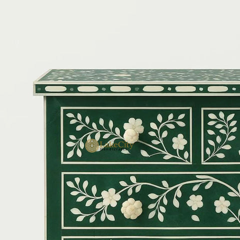 Vine Bone Inlay 5 Drawer Dresser Dark Green