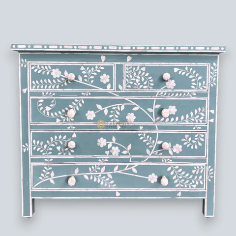 Vine Bone Inlay 5 Drawer Dresser Dull Green