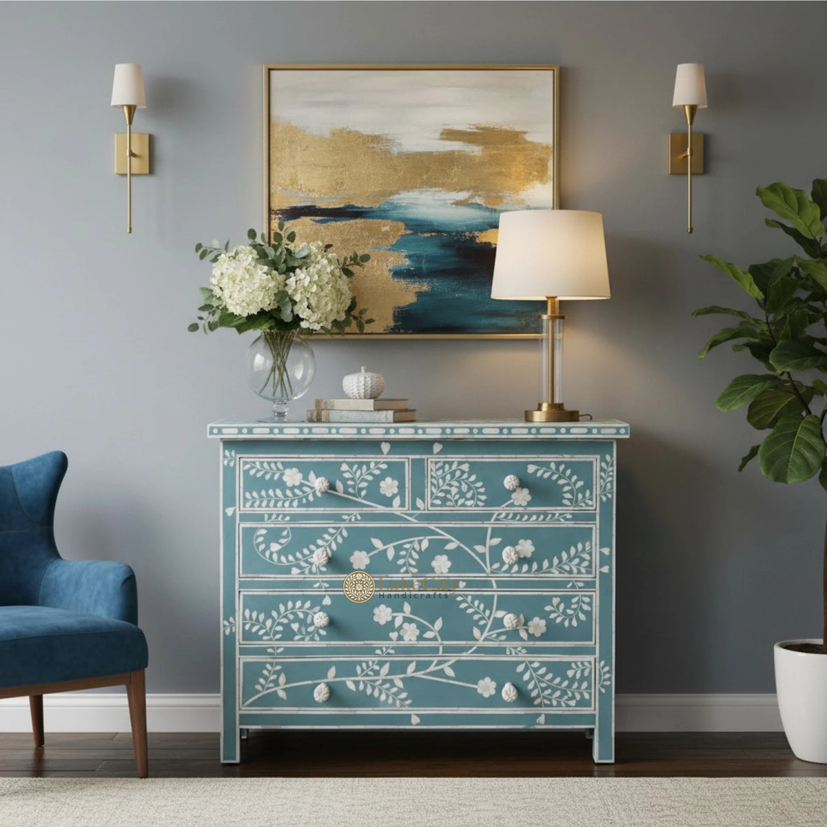 Vine Bone Inlay 5 Drawer Dresser Dull Green