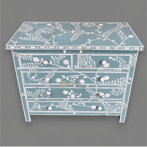 Vine Bone Inlay 5 Drawer Dresser Dull Green