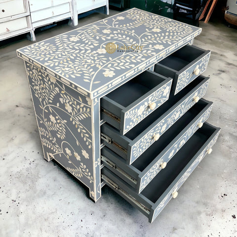 Vine Bone Inlay 5 Drawer Dresser Grey