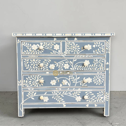 Vine Bone Inlay 5 Drawer Dresser Grey