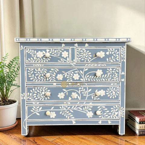Vine Bone Inlay 5 Drawer Dresser Grey