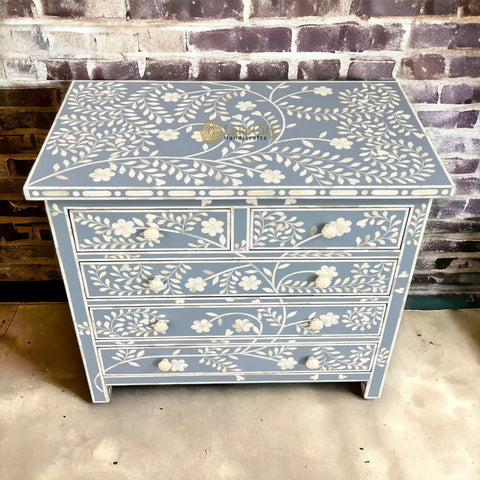 Vine Bone Inlay 5 Drawer Dresser Grey