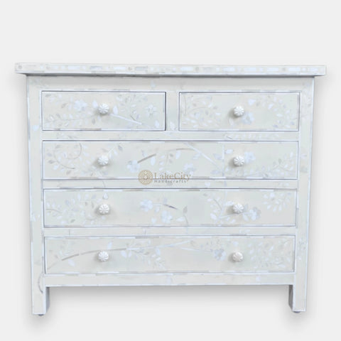 Vine Bone Inlay 5 Drawer Dresser Ivory