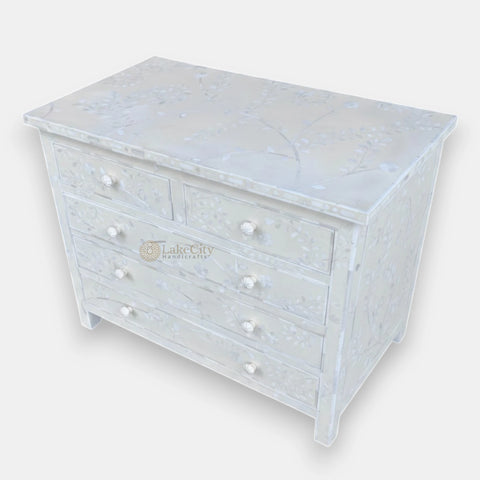 Vine Bone Inlay 5 Drawer Dresser Ivory
