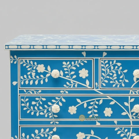Vine Bone Inlay 5 Drawer Dresser Royal Blue