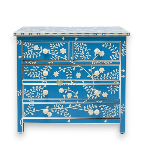 Vine Bone Inlay 5 Drawer Dresser Royal Blue