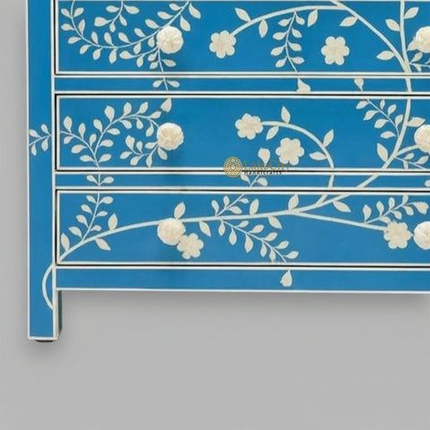Vine Bone Inlay 5 Drawer Dresser Royal Blue