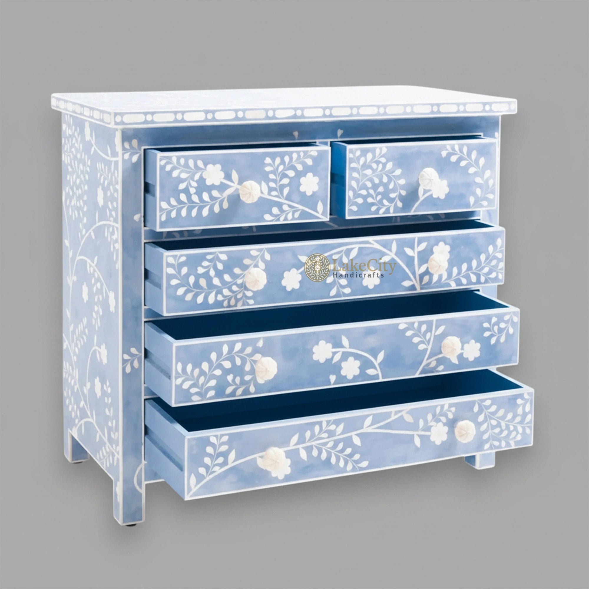 Vine Bone Inlay 5 Drawer Dresser Sky Blue Lakecity Handicrafts Vine Bone Inlay 5 Drawer Dresser Sky Blue Lakecity Handicrafts