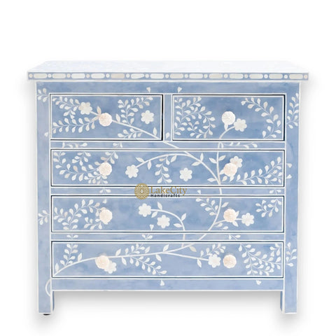 Vine Bone Inlay 5 Drawer Dresser Sky Blue