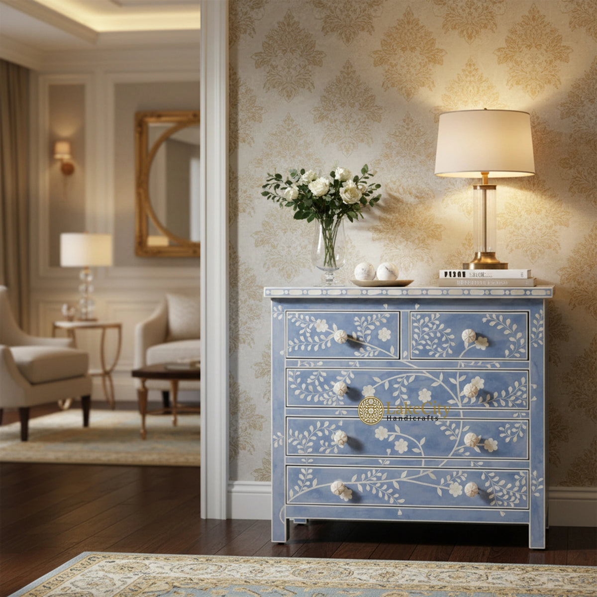 Vine Bone Inlay 5 Drawer Dresser Sky Blue