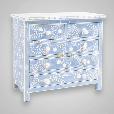Vine Bone Inlay 5 Drawer Dresser Sky Blue