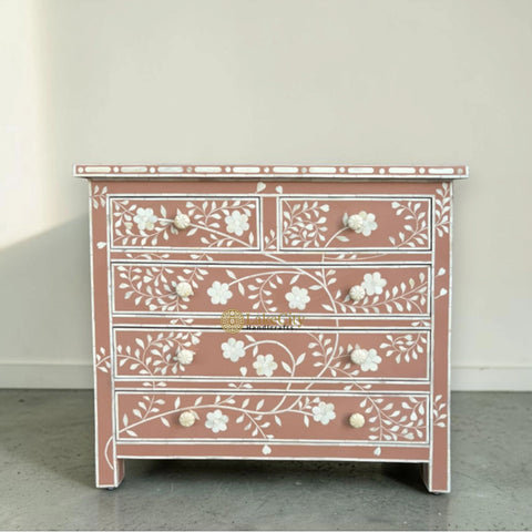 Vine Bone Inlay 5 Drawer Dresser Terracotta