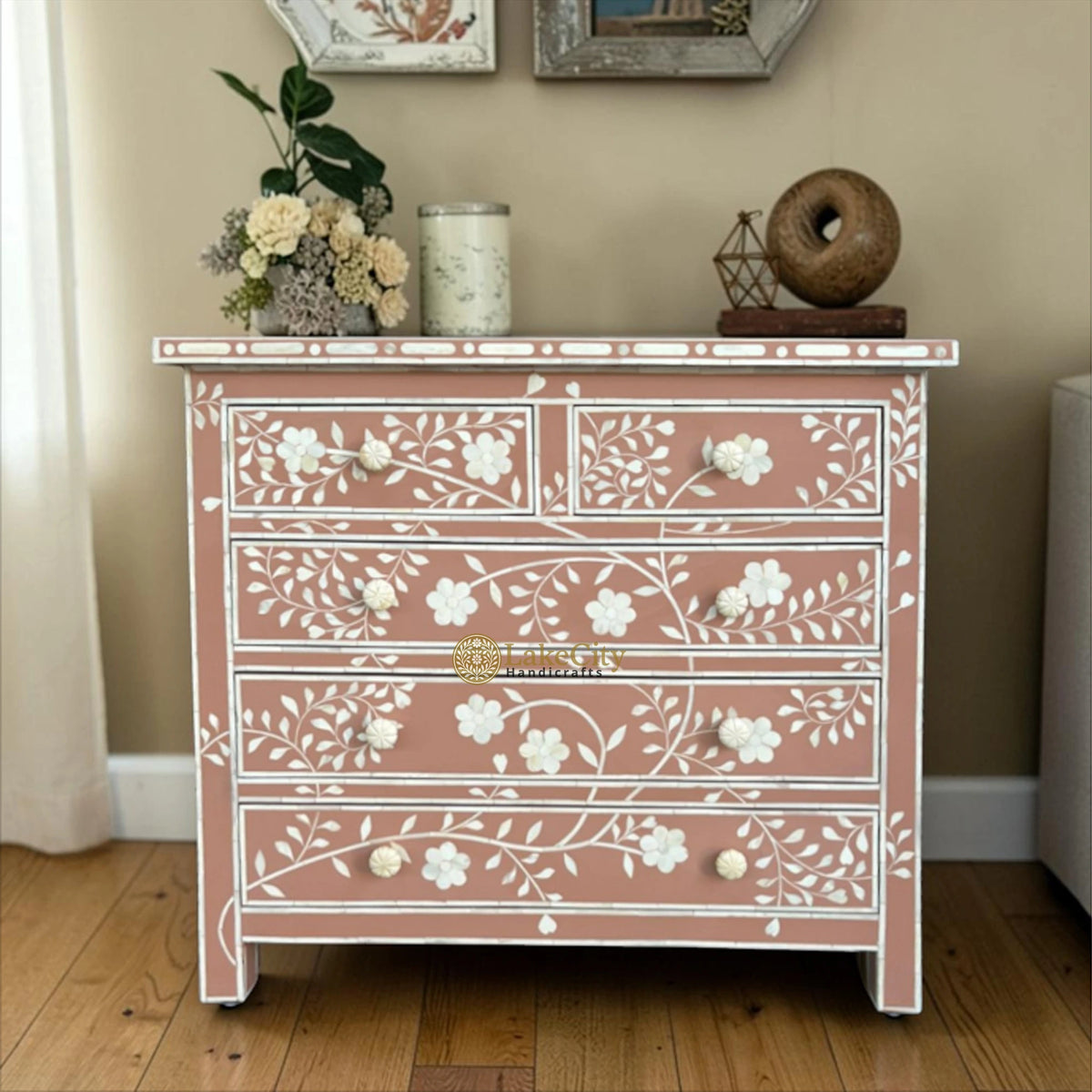Vine Bone Inlay 5 Drawer Dresser Terracotta