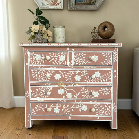 Vine Bone Inlay 5 Drawer Dresser Terracotta