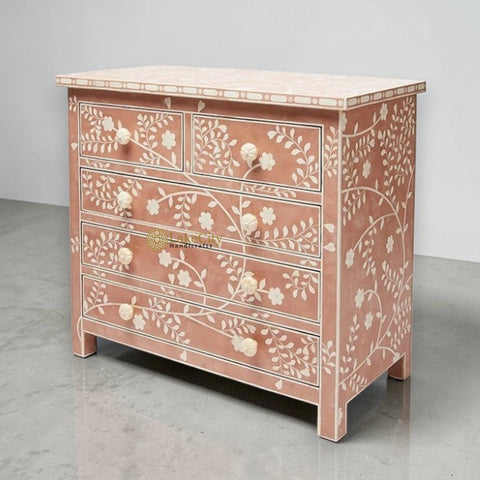 Vine Bone Inlay 5 Drawer Dresser Terracotta