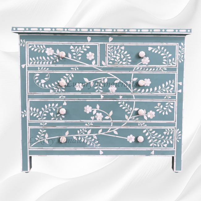 Vine Bone Inlay 5 Drawer Dresser Dull Green 1