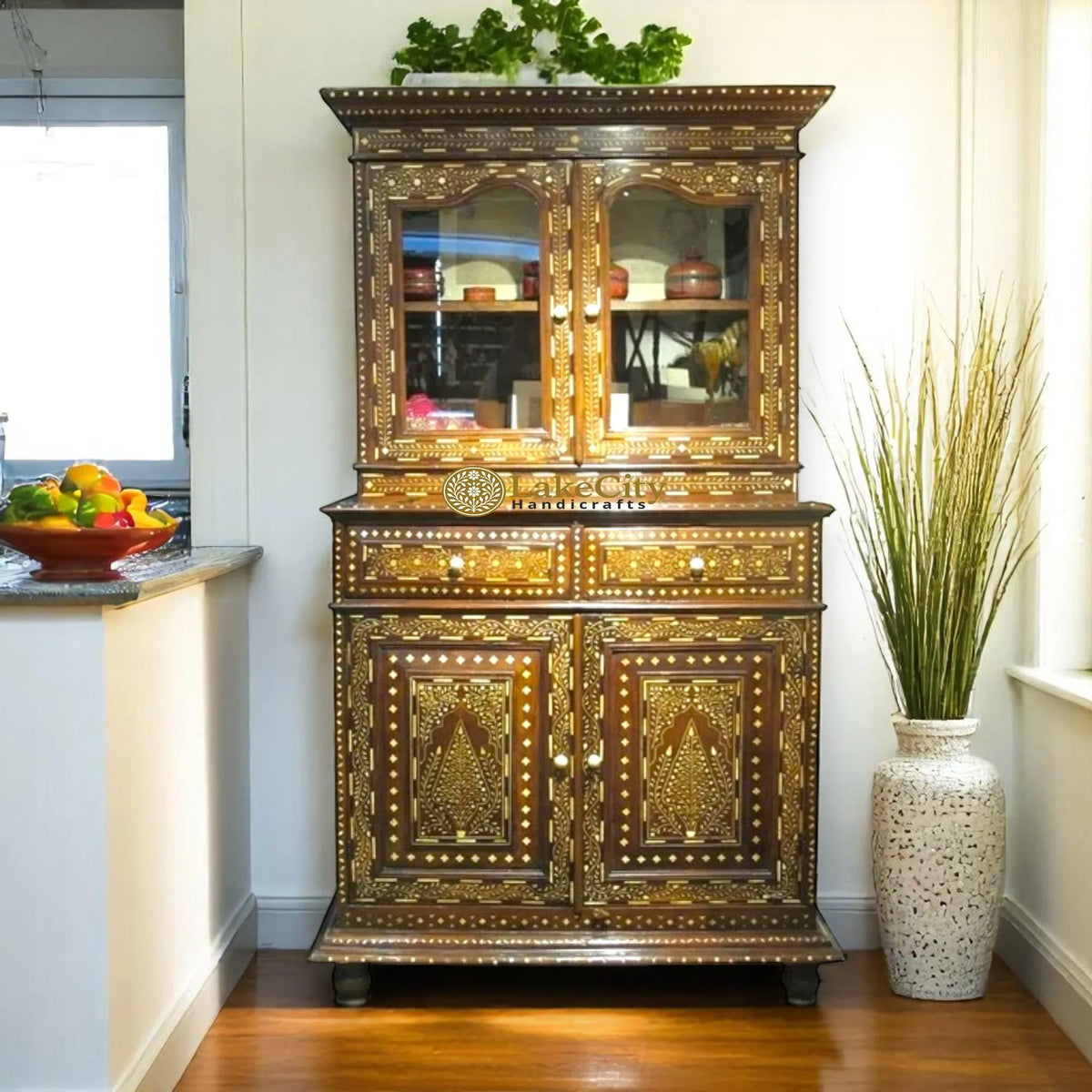 Vintage Anglo Indian Teak Wood Bone Inlay Crockery Unit