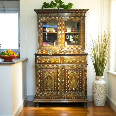 Vintage Anglo Indian Teak Wood Bone Inlay Crockery Unit