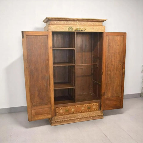 Vintage Anglo Indian Teak Wood Wardrobe Bone Inlaid Almirah