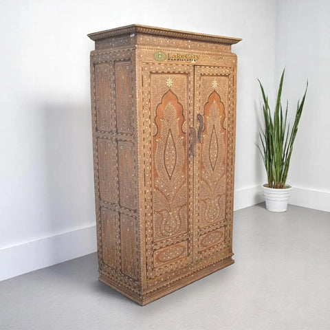 Vintage Anglo Indian Teak Wood Wardrobe Bone Inlaid Almirah