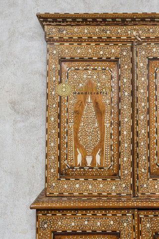 Vintage Anglo Indian Teak Wood Wardrobe Bone Inlaid Cabinet