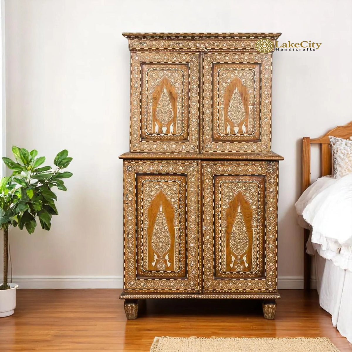 Vintage Anglo Indian Teak Wood Wardrobe Bone Inlaid Cabinet