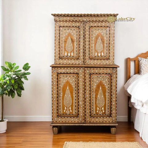 Vintage Anglo Indian Teak Wood Wardrobe Bone Inlaid Cabinet