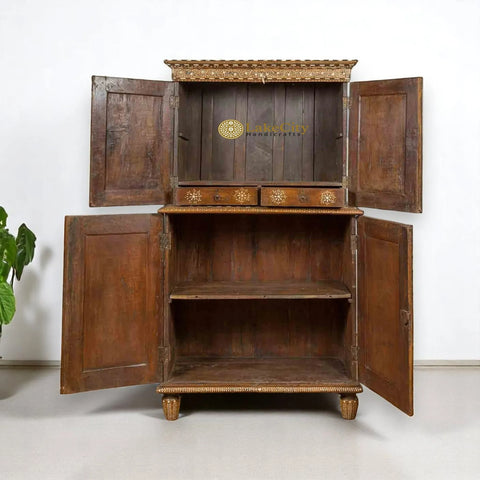 Vintage Anglo Indian Teak Wood Wardrobe Bone Inlaid Cabinet