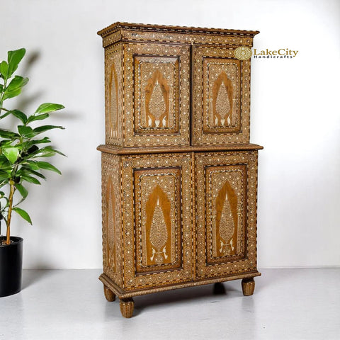 Vintage Anglo Indian Teak Wood Wardrobe Bone Inlaid Cabinet
