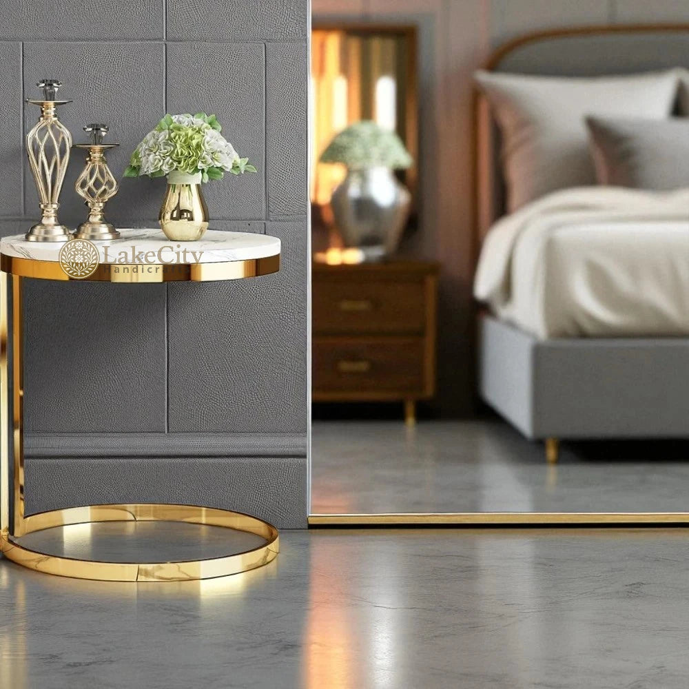 White Round Marble Side Table with Gold Stainless Steel Frame