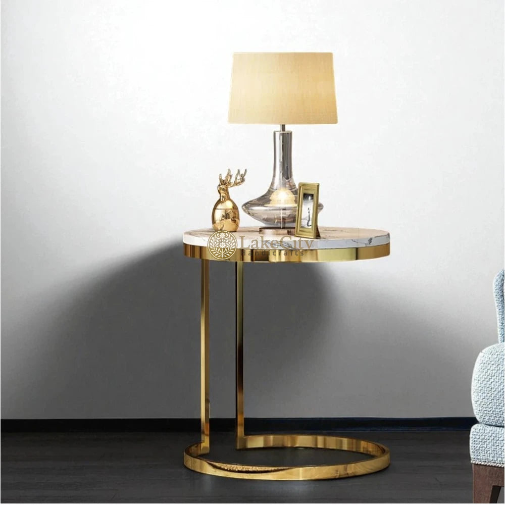 White Round Marble Side Table with Gold Stainless Steel Frame