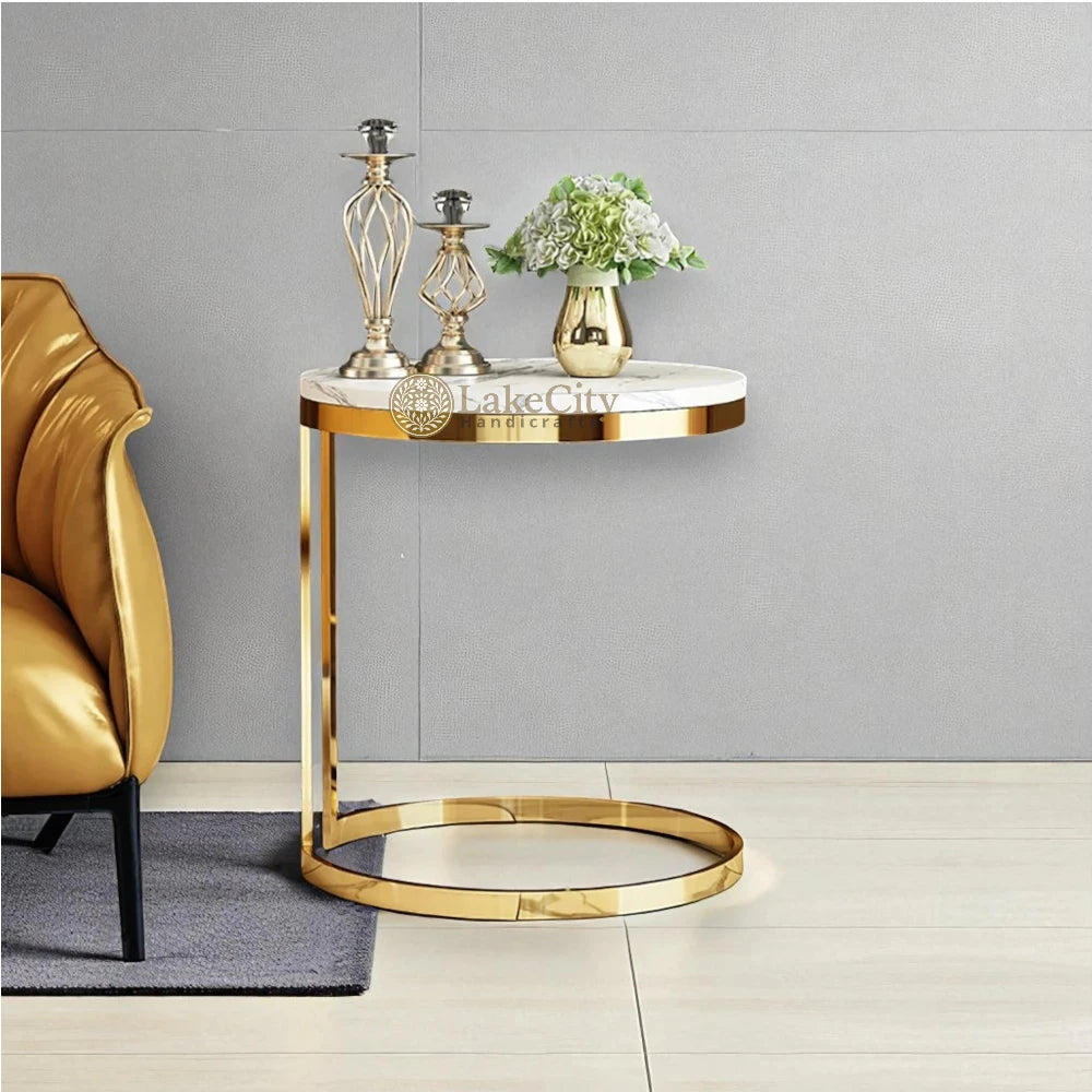 White Round Marble Side Table with Gold Stainless Steel Frame