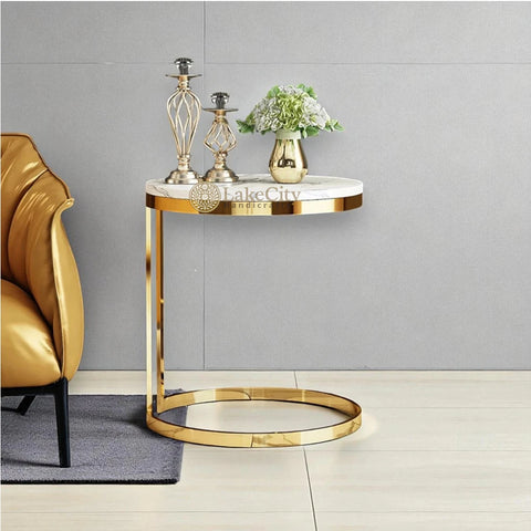 White Round Marble Side Table with Gold Stainless Steel Frame
