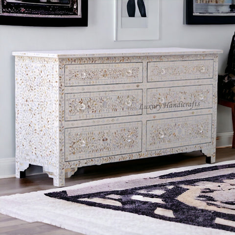 Mother of Pearl Inlay Willa 6 Drawers Floral Design Dresser Table Whit Lakecity Handicrafts Mother of Pearl Inlay Willa 6 Drawers Floral Design Dresser Table Whit Lakecity Handicrafts