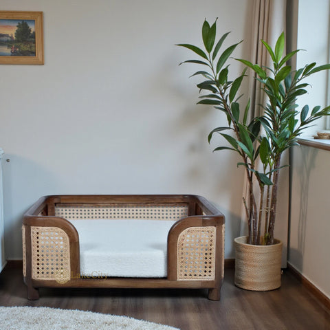 Willow Premium Home Pets Sleeping Walnut Bed with Rattan